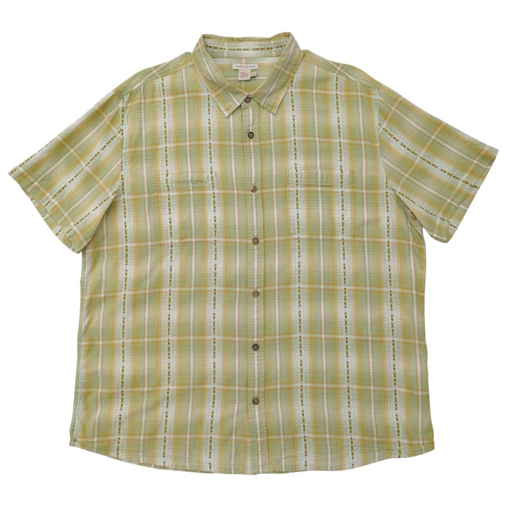 Carbon 2 Cobalt Mens XL Cotton Textured Button Up Shirt Beige Plaid Short Sleeve